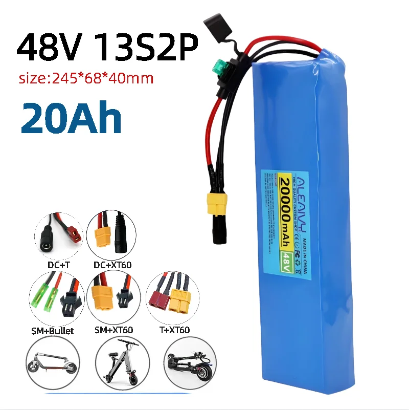 48V 20Ah 13S2P 18650 Lithium-ion Battery Pack With BMS+30A Fuse, Suitable For 500W 750W Electric Mobility Tool Battery+XT60 Plug