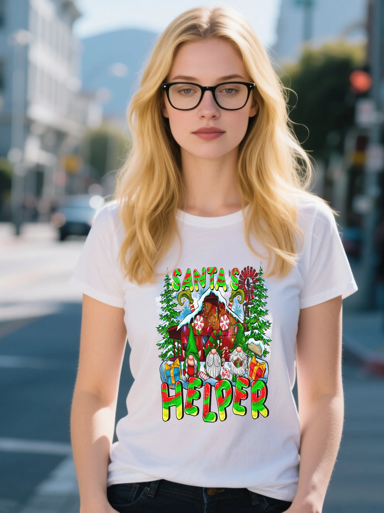 

Organic Cotton Women's T-Shirt - White High Street Candy Cane Stripes Print, Moisture-Wicking Winter Essential