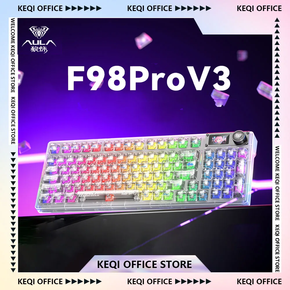

AULA F98Pro V3 Mechanical Keyboard 3-Mode Gasket Hot Swap E-sports Game Keyboard 1.14 Inch TFT Screen RGB Light Knob Custom Gift