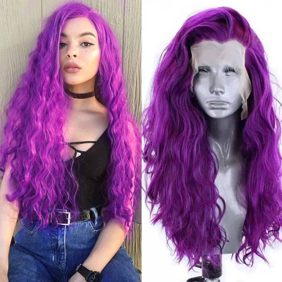 Berondo-Peluca de cabello sintético para mujer, postizo largo y rizado con encaje frontal suave, pelo de bebé, fibra resistente al calor, color morado