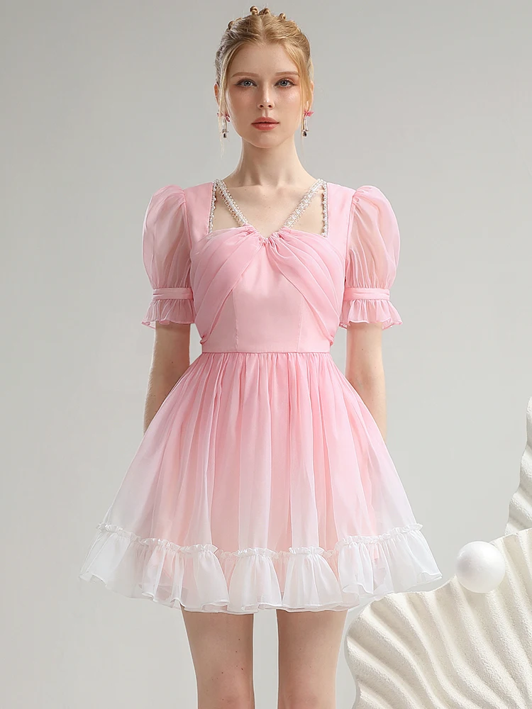 High-End Designer Model Sweet Pink Dress Female 2024 Summer New Gradient Color Heavy Industry Bead Necklace Organza Dress Women