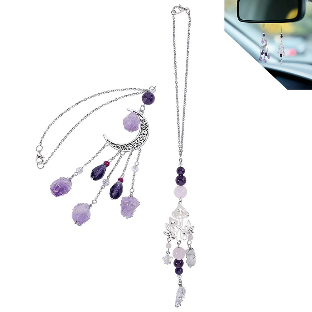 2Pcs Stone Car Hanging Ornament Moon Mushroom Rearview Mirror Car Accessory Pendant Spiritual Charm for Cars Interior Decor