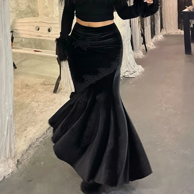 Women's Autumn Winter European American Black Retro High Waist Skirt A-line Solid Color Street Gothic Velvet Fishtail Skirts