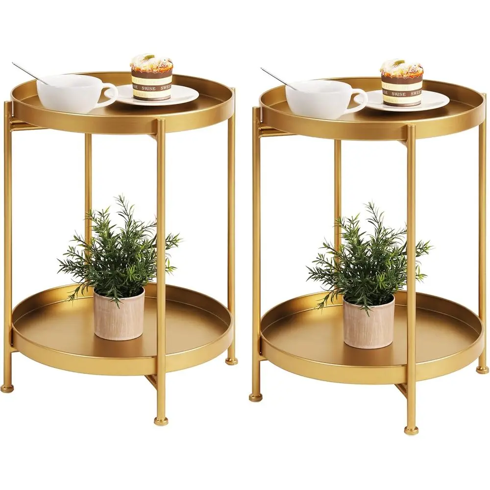 

Комплект из 2 круглых приставных столиков: металлический прикроватный столик/маленькие деревянные столики-акценты с деревянным подносом для гостиной или спальни