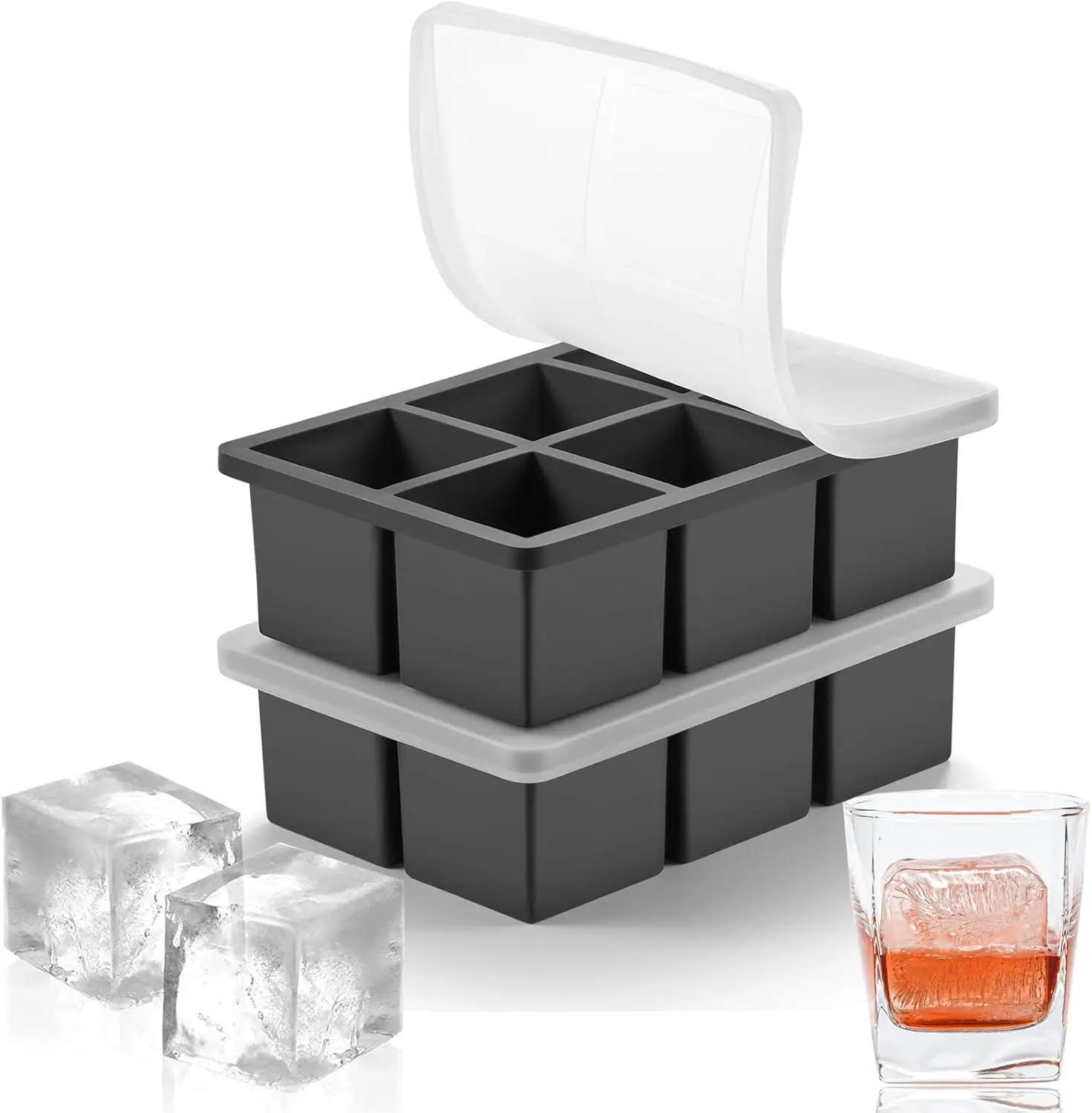 

Caki Large Ice Cube Molds Tray with Lid, Stackable Big Silicone Square Ice Cube Mold for Whiskey Cocktails Bourbon Soups Frozen