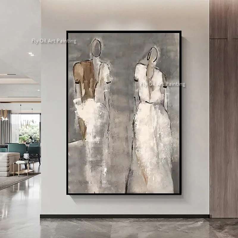 Elegance Women Wear Yellow Dress Handmade Canvas Oil Painting New Design Brown Beige Abstract Girls Wall Art Decor For Home