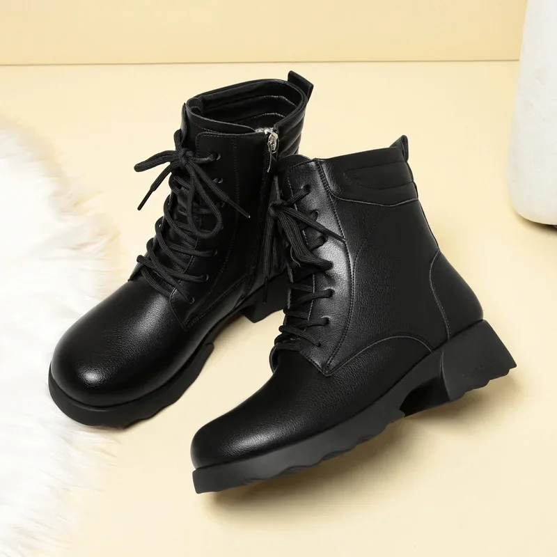 

4cm Fashion Comfortable Square Heels Platform Shoes Women Winter 2024 Soft Leather Warm Fur Plush Ankle Snow Boots Office Mom