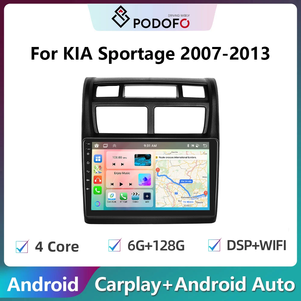 

Podofo 2din Android Car Radio For KIA Sportage 2007-2013 6G+128G Carplay Stereo Player Autoradio WIFI GPS Navigation FM/RDS