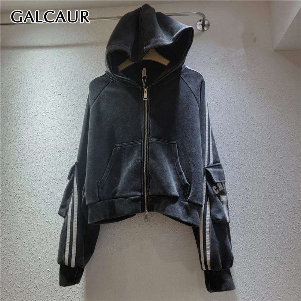 

GALCAUR однотонная куртка с карманами, женская свободная уличная одежда с капюшоном и длинными рукавами, повседневные женские куртки, осенняя мода, новый стиль