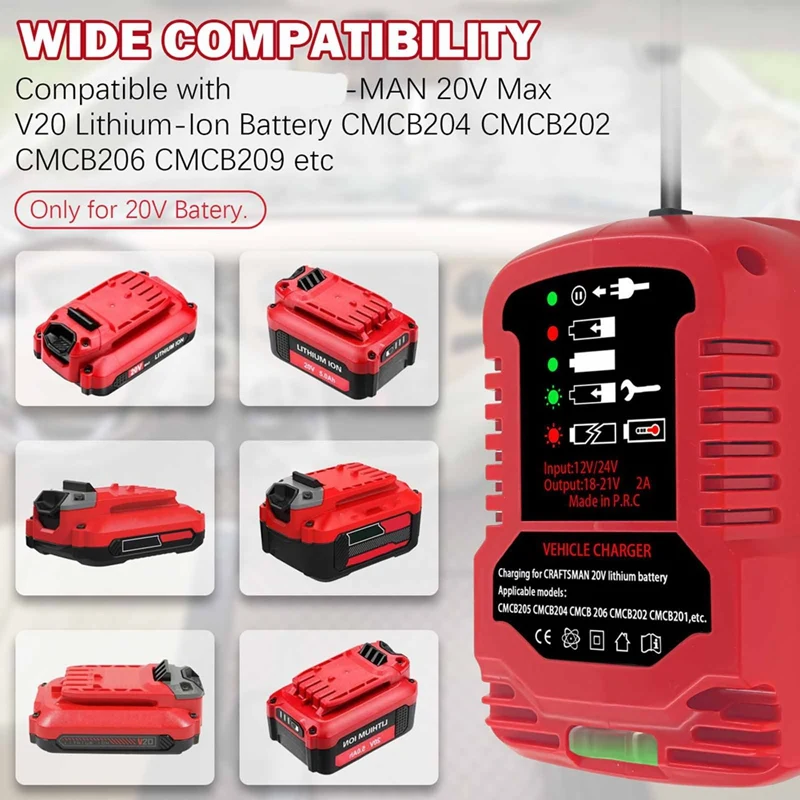 Mini Car Charger for 20V Li-Ion Battery Automotive Charger Lighter Plug for CMCB201 CMCB202 CMCB204-A46I