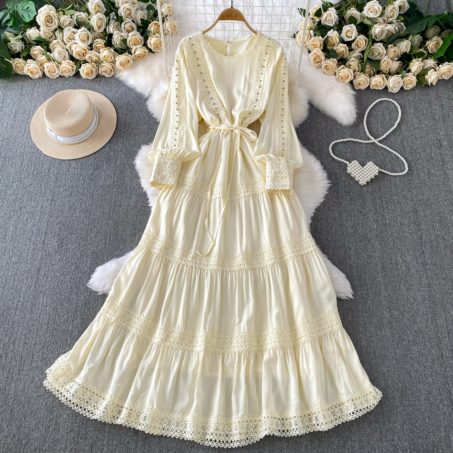 النمط الفرنسي الدانتيل الربط فستان طويل المرأة 2025 جديد الخريف ضوء الفاخرة الماس س الرقبة فساتين فضفاضة فستان الحفلات النسائية