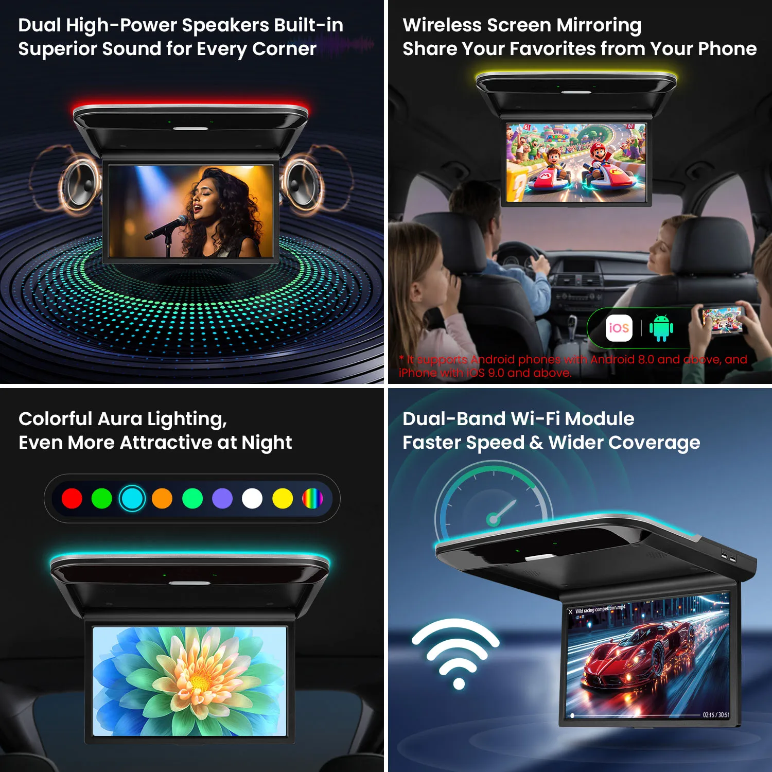 XTRONS Reproductor Multimedia para Techo de Auto de 14" con Android 12, Pantalla HD Abatible, Monitor de Auto con Video 4K, Montaje en Techo, WIFI, Quad Core, 2+32GB 5