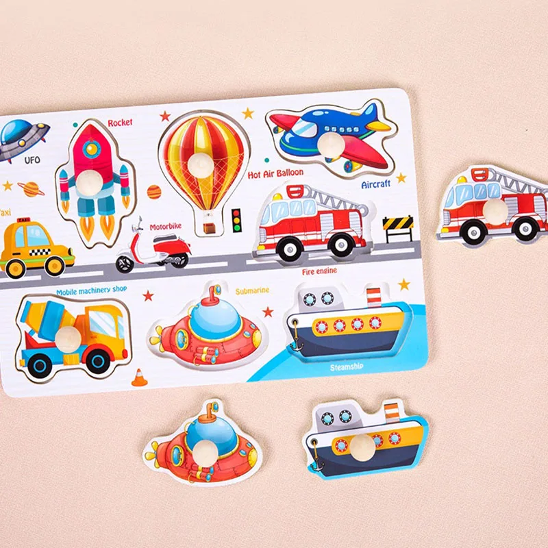 Bambini giocattoli educativi Montessori per bambini Puzzle in legno Cartoon Animal Fruits Shapes Learning Hand grip Board Jigsaw Games