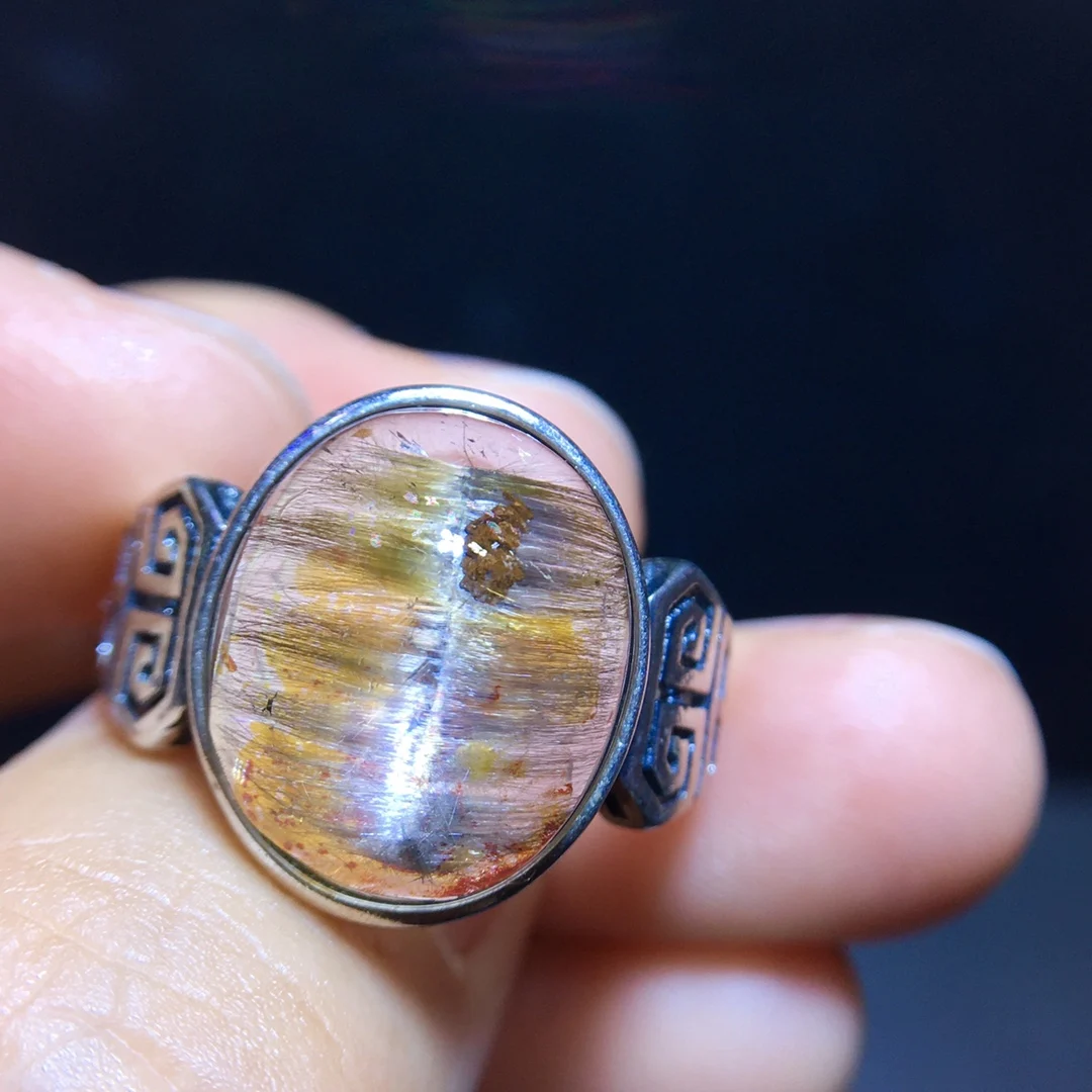 

Natural Brookite Platinum Rutilated Quartz Ring 14.1/11.8mm 925 Sterling Silver Woman Men Water Drop Lucky AAAAA