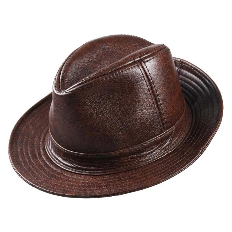 New 2024 Man High Quality Genuine Leather Cowhide Fedora Gentleman Cow Skin Short Brim Black/Brown Top Hat Male Shows