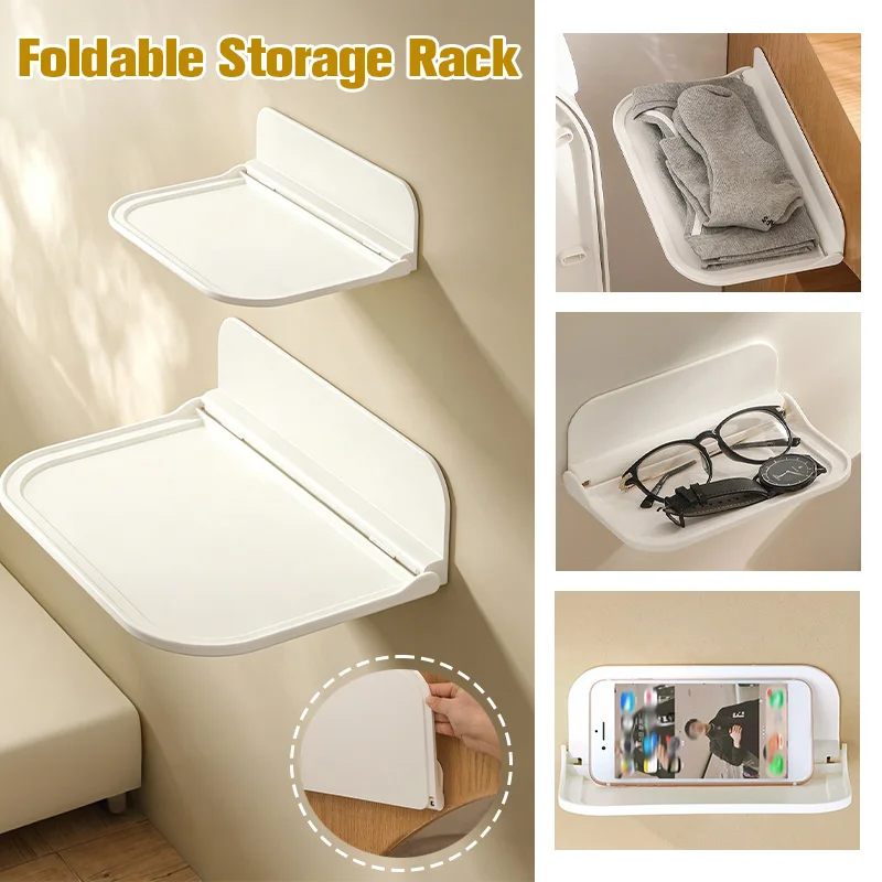 

Foldable Wall Mounted Shelf Space-Saving Storage Rack Punch-Free No Drill for Bathroom Kitchen Phone Holder Organizer
