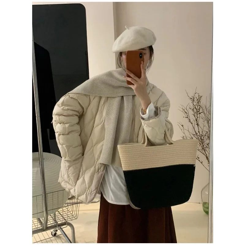 2025 Autumn and Winter Ethnic Style Splicing Round Neck Thick White Duck Down Cotton Jacket