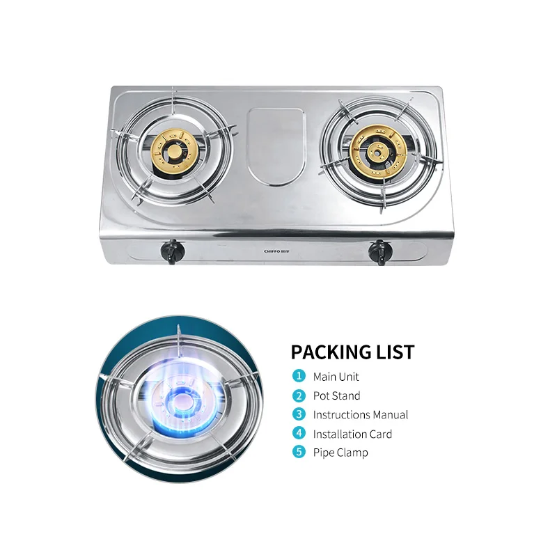 ステンレス製ダブルバーナー卓上ガスコンロ、ステンレス製、炎消火装置付き、家庭用、天然ガス対応