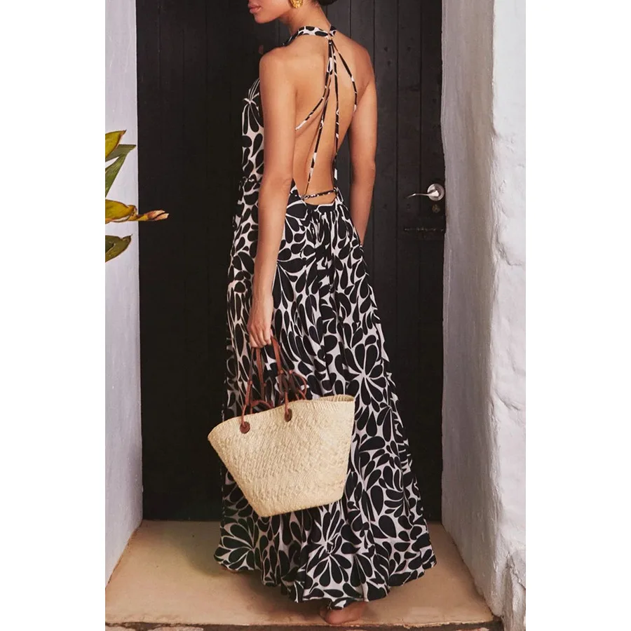 Mulheres primavera e verão novo pescoço vestido casual solto férias feminino grande vestido profundo decote em v cintura alta