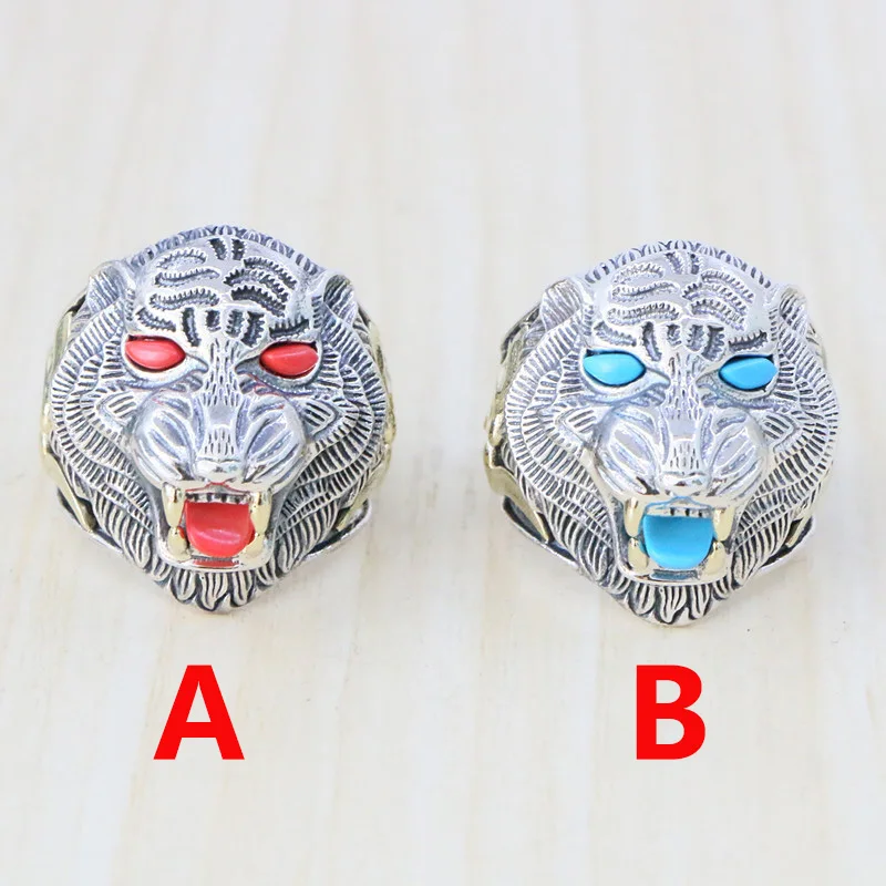 S925 Sterling Silver Ring Punk Style Retro Tiger Head Wide Face Jewelry Trendy and Domineering Retro Personality