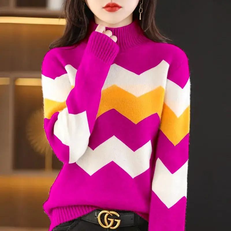 Fashion Woman Blouses 2023 Knitted Long Sleeve Half High Collar Loose Commuter Vintage Casual Color-blocked Sweaters Jumpers