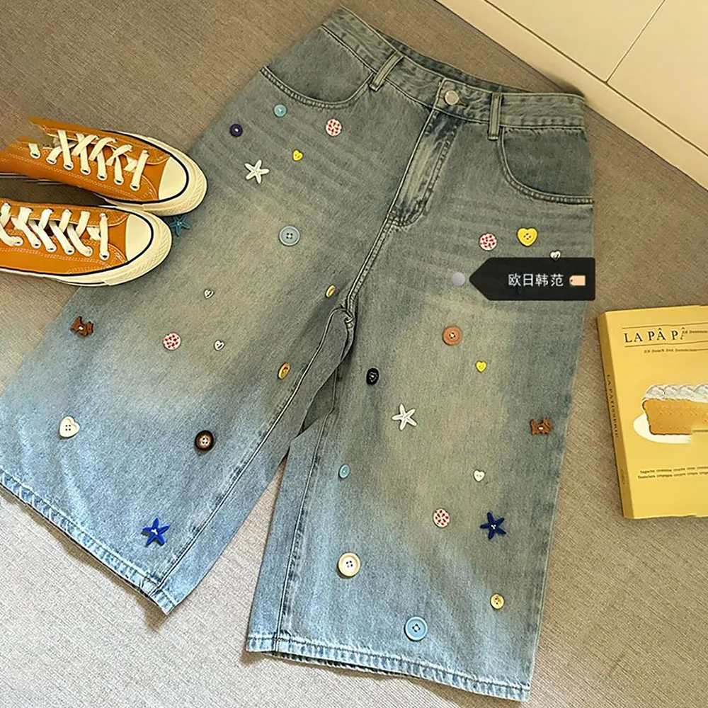 

American Retro Washed Light Blue Cropped Jeans Women Summer High Wait Calf-Length Denim Pants Colorful Buttons Wide Leg Shorts