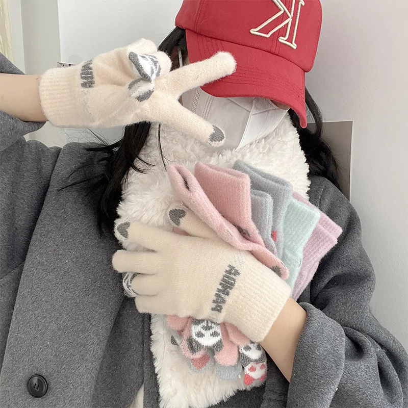 

1 Pair Furry Fashion Girl Glove Sweet Cartoon Panda Motorcycle Gloves Chic Outdoor Riding Handmade Knitted Split Finger Gloves