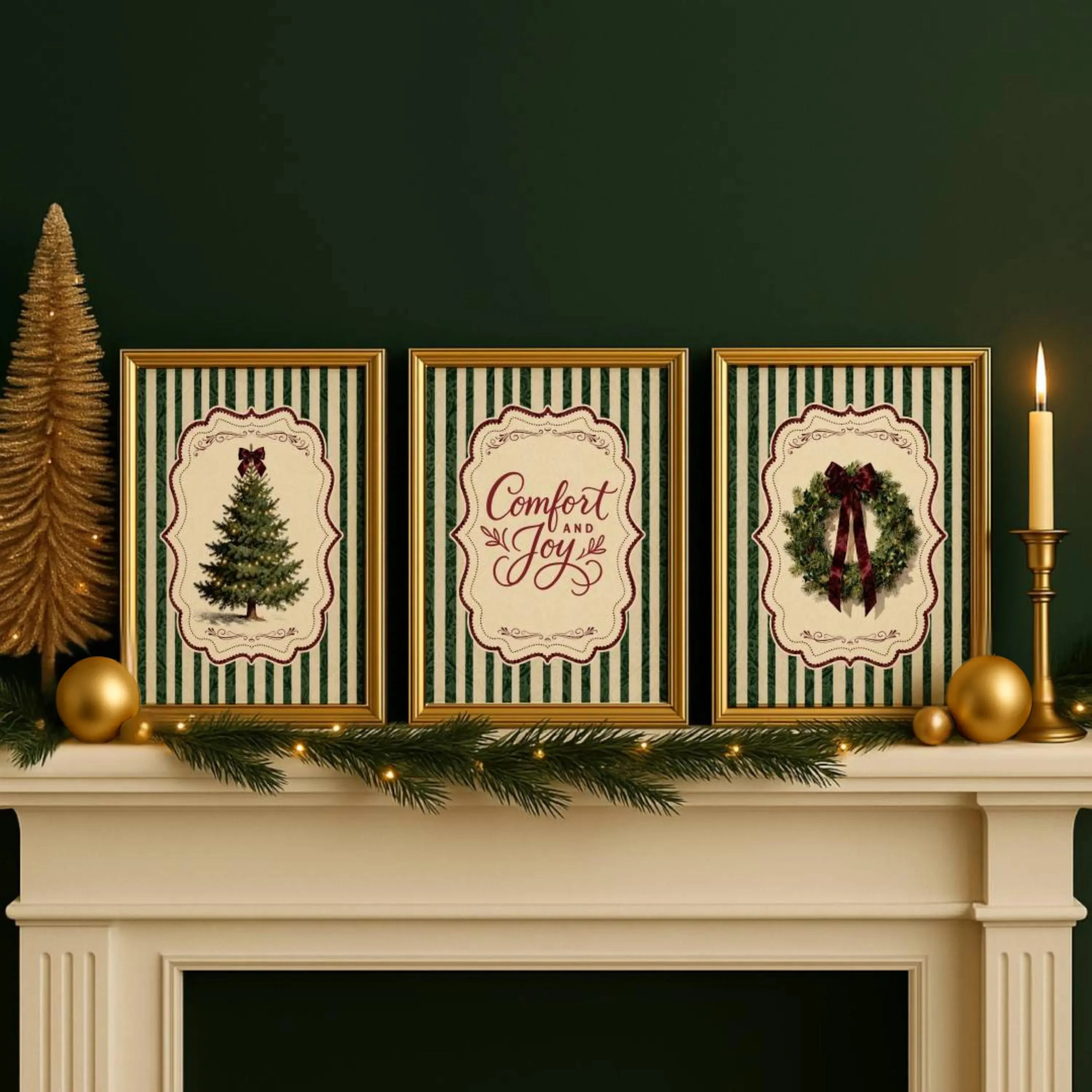 Set of 3 Vintage Farmhouse Christmas Wall Art, Xmas Tree Wreath & Comfort and Joy Quote Print, Retro Holiday Living Room Decor