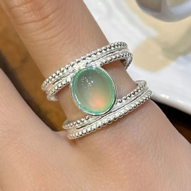 PANJBJ – bague œil de chat en argent Sterling 925, couleur menthe, Double couche, Texture ajourée, bijoux Ins, cadeau de fête, vente en gros