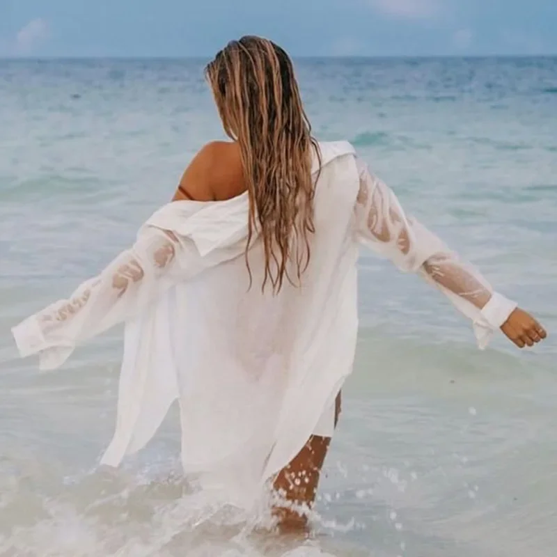 Women Long Sleeve Beach Shirt Blouses Bathing Suit Cover Up Button Down Collar