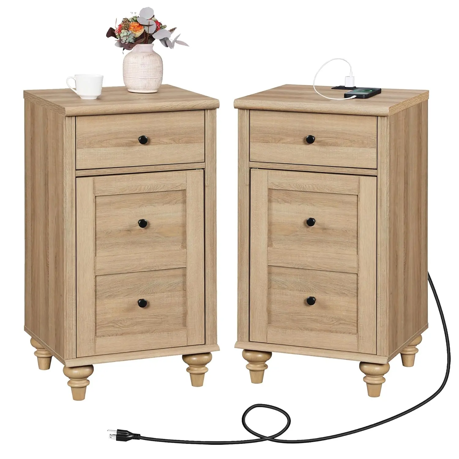 Nightstands with Charging Station, Set of 2 Modern End Table, Oak | Bedside Table with Power Outlets & USB Ports, Customized