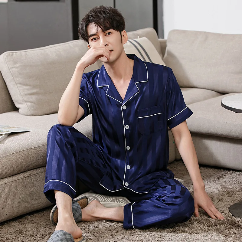 

Summer New Silk Satin Pajamas Men Two Piece Set Homewear Short Sleeve Male Loose Casual Stripe Nightwear Sleepwear