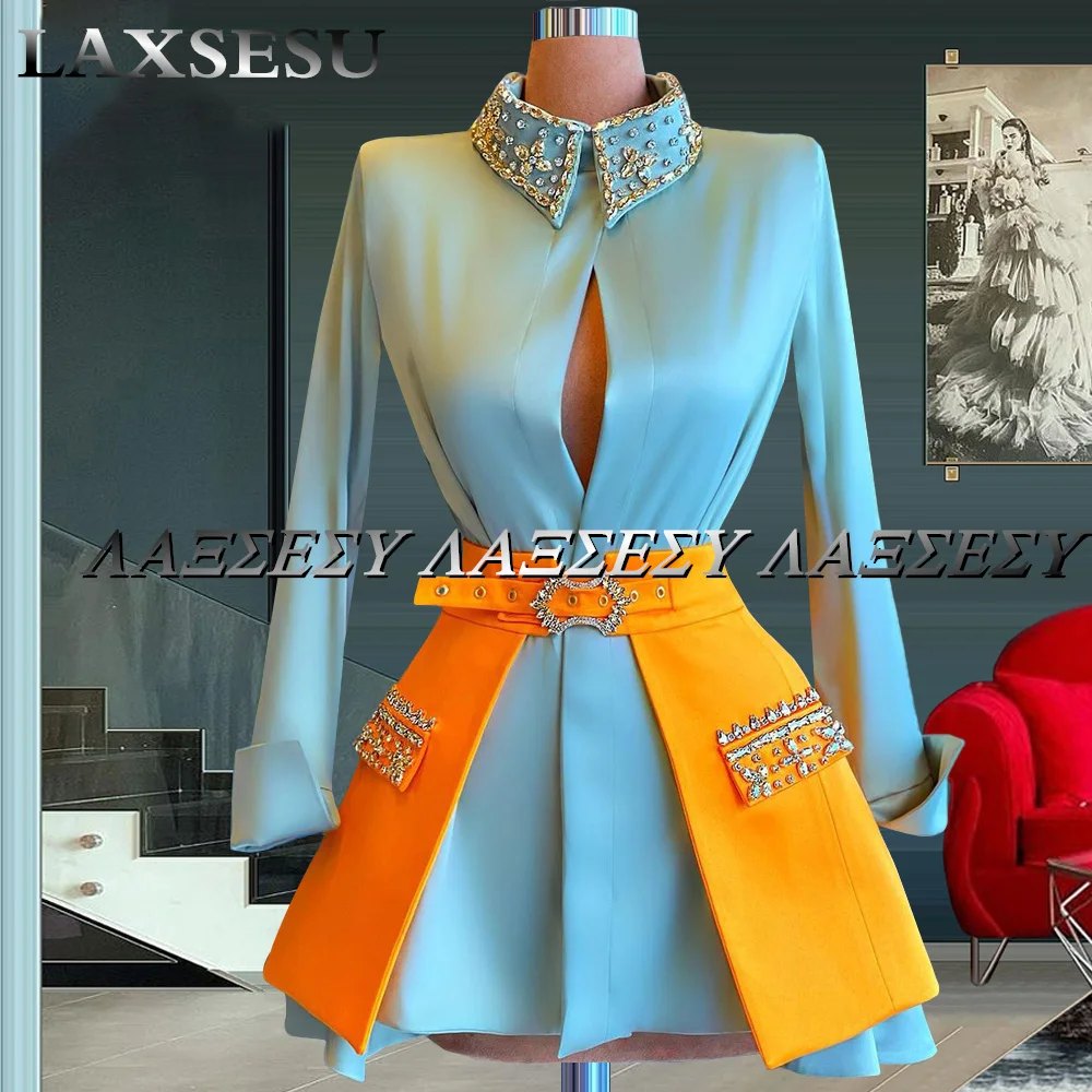 Laxsesu Light Blue Cocktail Party Gowns Long Sleeves Beadings 2 Pieces Satin Evening Dress Short Prom 2022