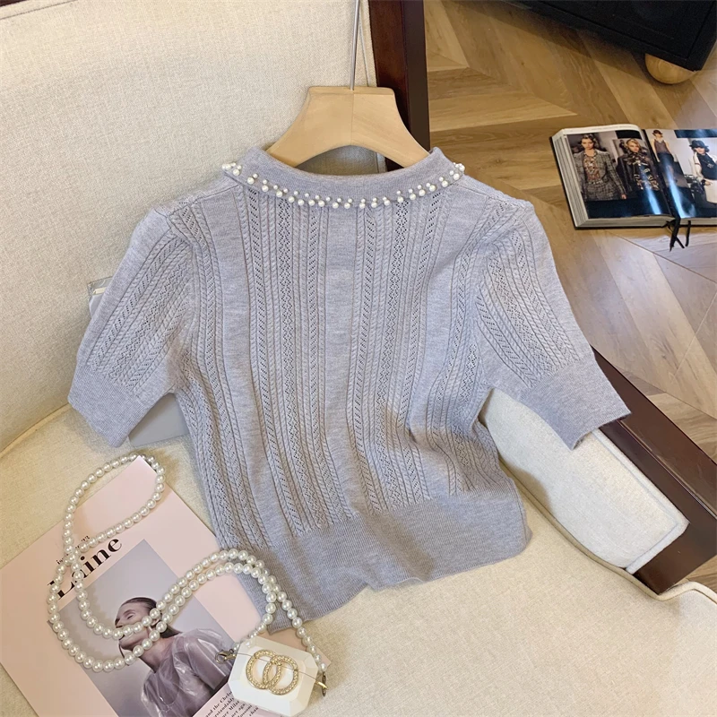 Pearl Beaded Sweater Women Knit T-shirt Pullover 2024 Summer Korean Fashion Elegant Ladies Tees Tops Short Sleeve Stylish Jumper