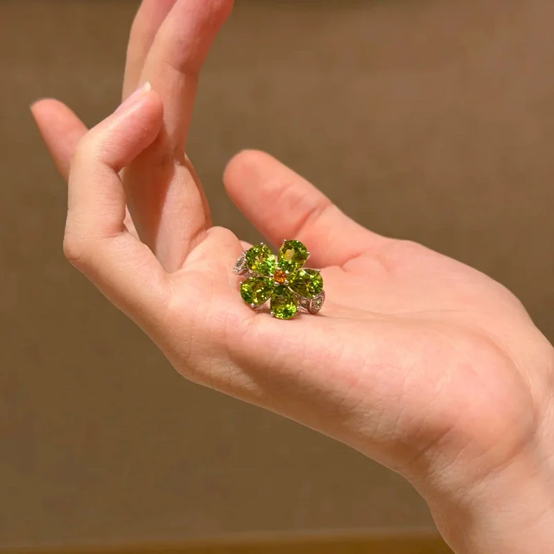 Sparkling Luxury Full Zircon Flower Ring Exquisite and Versatile Temperament Apple Green Zircon Flower Ring For Women KOFSAC