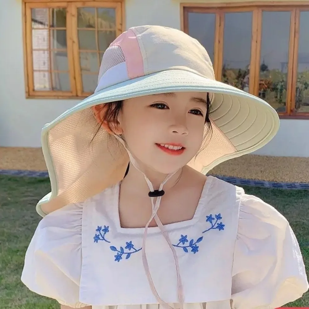 

New Neck Flap Baby Sun Hat UV Protection Polyester Bucket Hat Breathable with Strap Wide Brim Beach Hats for Boys Girls