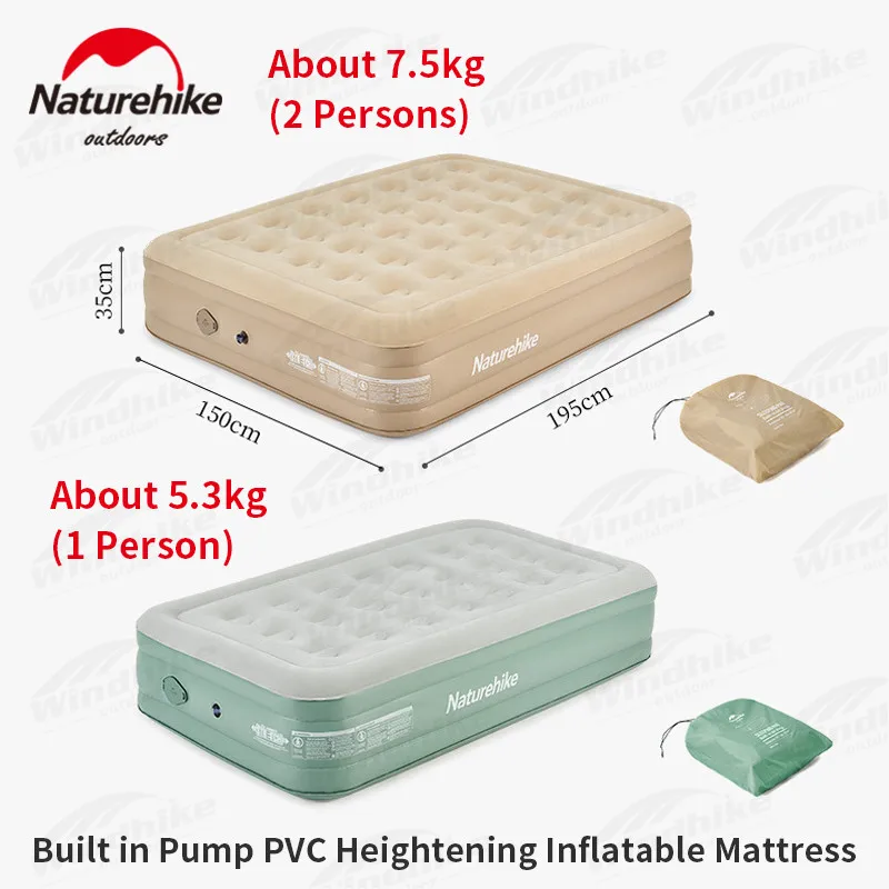 Naturehike Portable PVC Inflatable Mattress 35cm Heightening Fast Inflation Camping Sleeping Mat 1-2 Person With Built In Pump