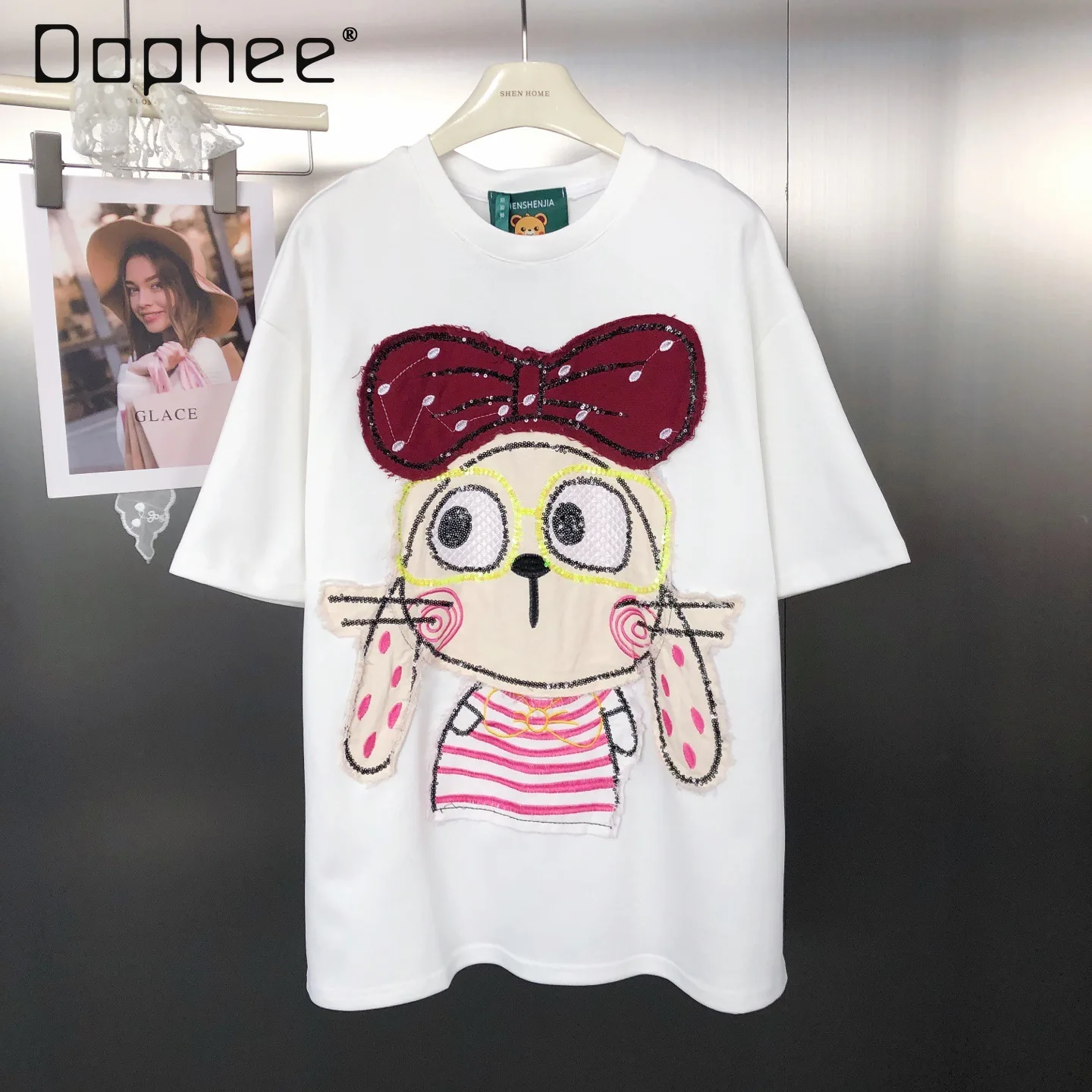 

Japanese Style Cotton Fashion Rabbit Sequin Patch Cute Loose Round Neck Short Sleeve T-Shirt for Women Graphic T Shirts