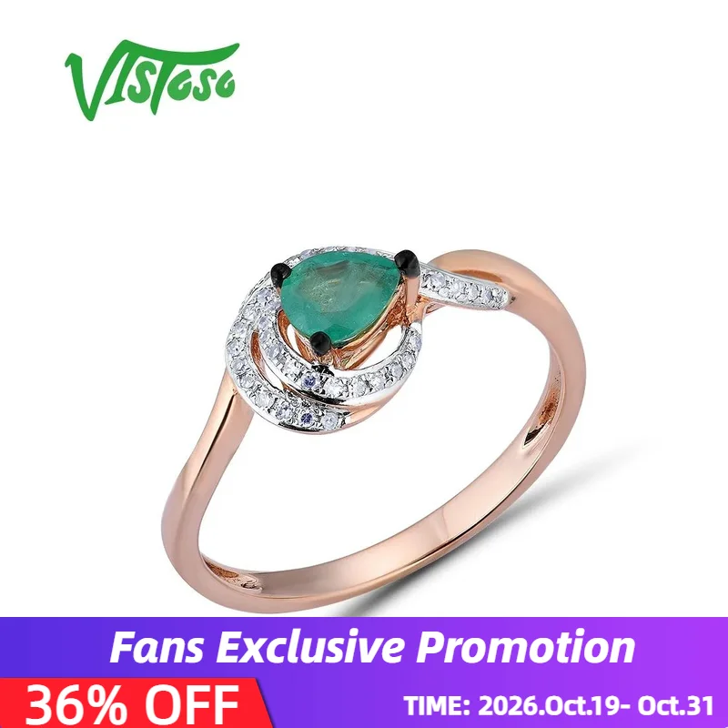 VISTOSO Gold Rings For Women Genuine 14K 585 Rose Gold Ring Magic Emerald Sparkling Diamond Engagement Anniversary Fine Jewelry