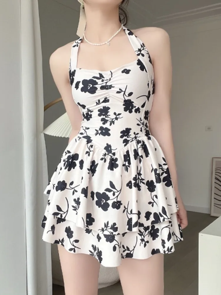 Mulheres sexy halter bandagem floral impressão dupla camada plissado mini saia maiôs de uma peça verão push up praia banho