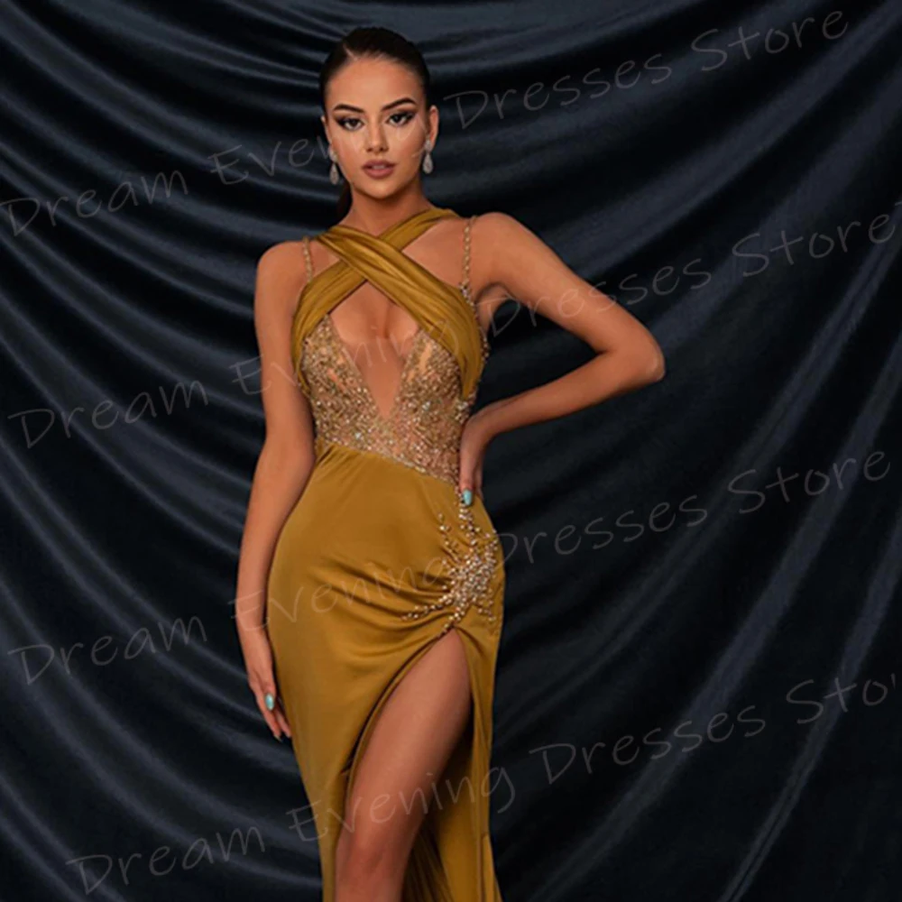 New Fashionable Mermaid Charming Women's Evening Dresses Graceful Halter Neck Sleeveless Prom Gowns Split Beaded Abiye Elbise