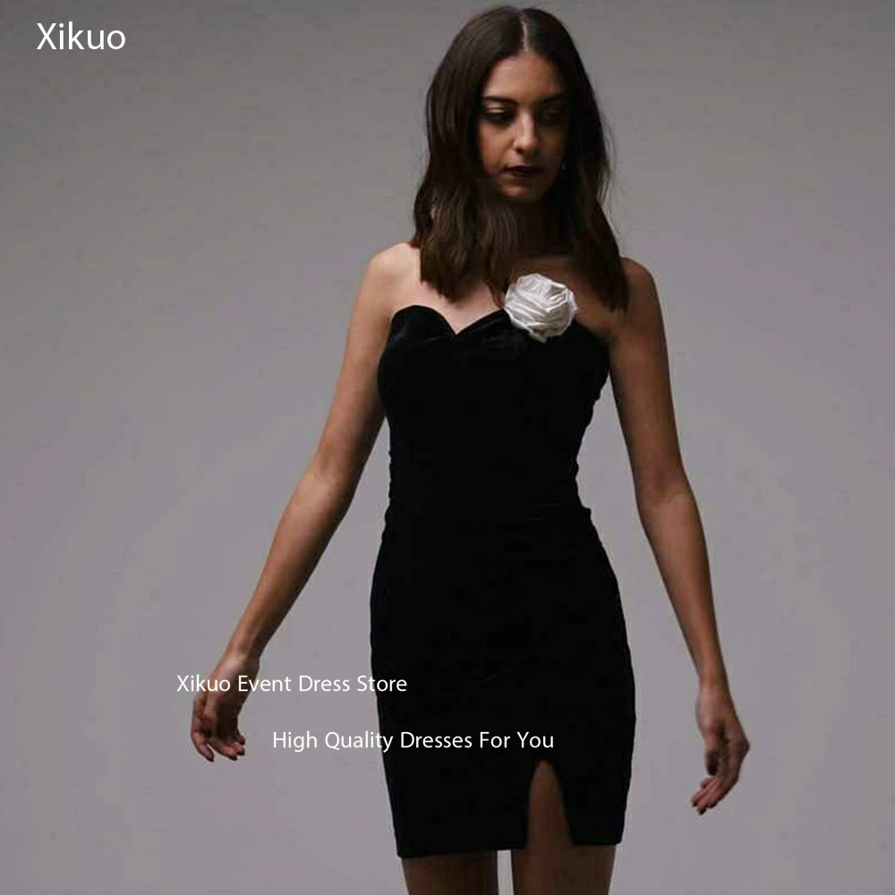 

Xikuo Modest Black Prom Gown Sweetheart 3D Flower Bespoke Occasion Evening Gown Above Knee Sleeveless robes de soirée Customized