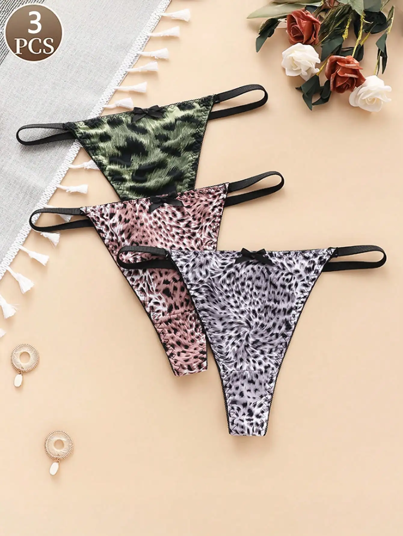 3-teiliges Damen-Höschen-Set mit schmalem Bund, sexy Schleife und Leopardenmuster, bequeme und sportliche Damen-Tangas