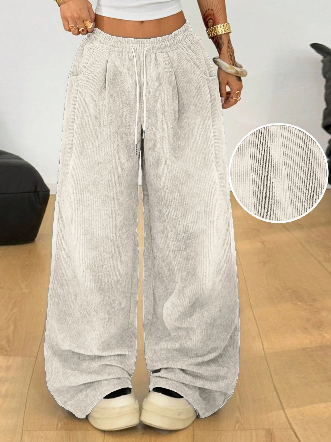 Damen Retro Cord Cargo-Hose Lässige Kordelzug Gerade Sporthose Fließende Alltags-Pendlerhose mit Weitem Bein – Detail 37