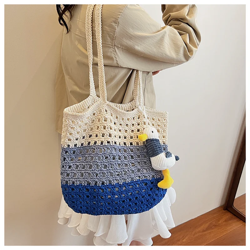 

2025 Openwork Color Block Straw Bag Handwoven Beach Tote for Women Spacious Boho Shoulder Purse Summer Vacation Essential