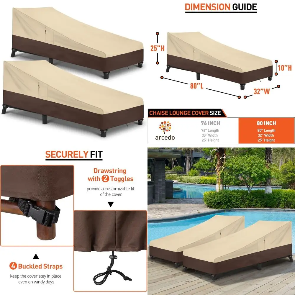 

2-Pack Durable Outdoor Chaise Lounge Covers, Waterproof Patio Furniture Protection, 80L x 32W x 25H, Beige & Brown