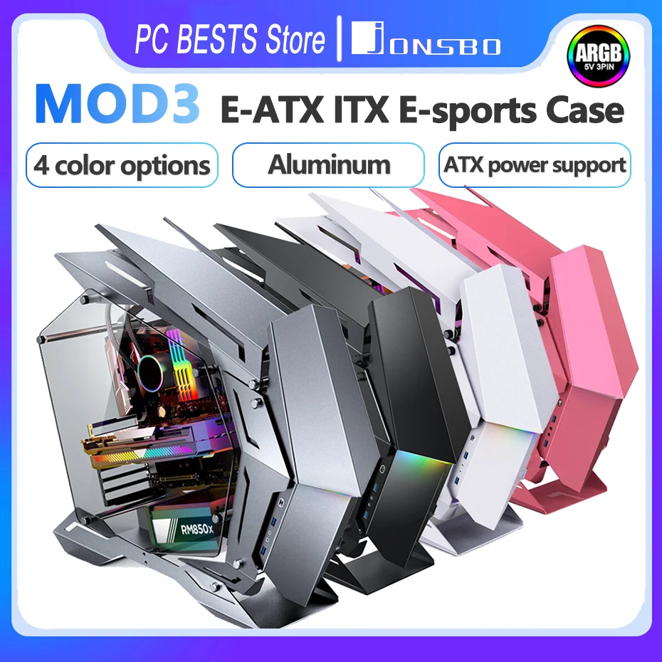 Jonsbo E-ATX E-스포츠 케이스, ATX MATX ITX 올 알루미늄 게임 섀시, 그레이 블랙, 5V ARGB 머신 라이트 이펙트, 6 팬 위치, MOD3 