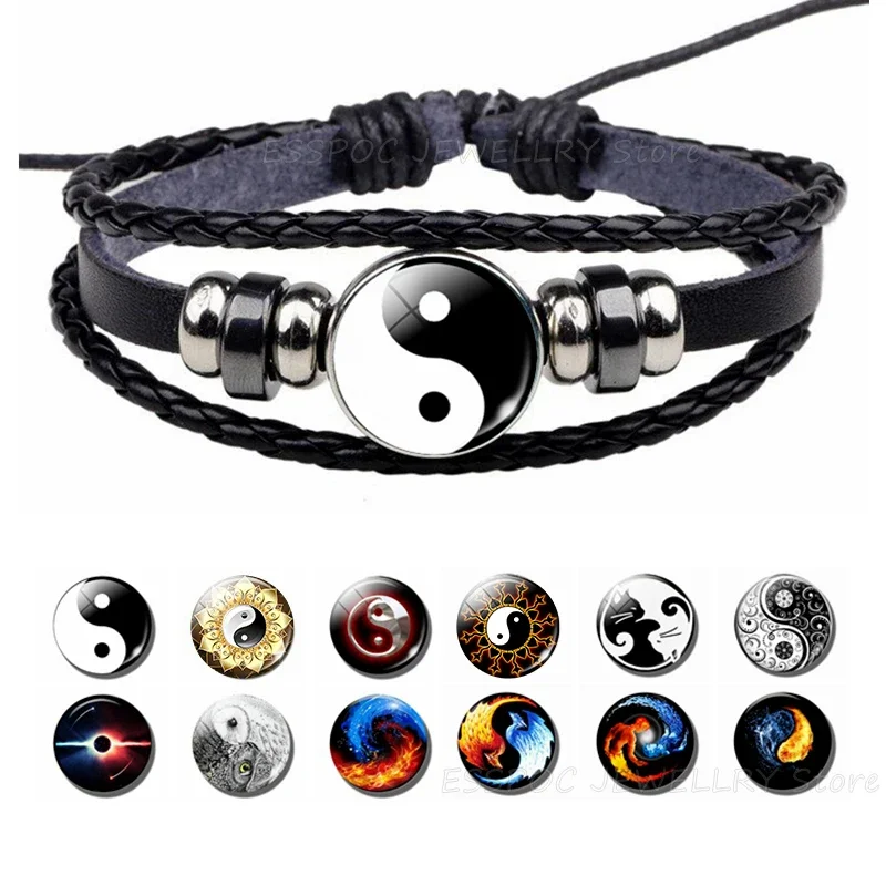 Yin Yang Bracelet Tree of Life Braided Leather Pubk Black Bracelets Tai Chi Craft Supplies Life Tree Glass Dome Jewelry Men Gift