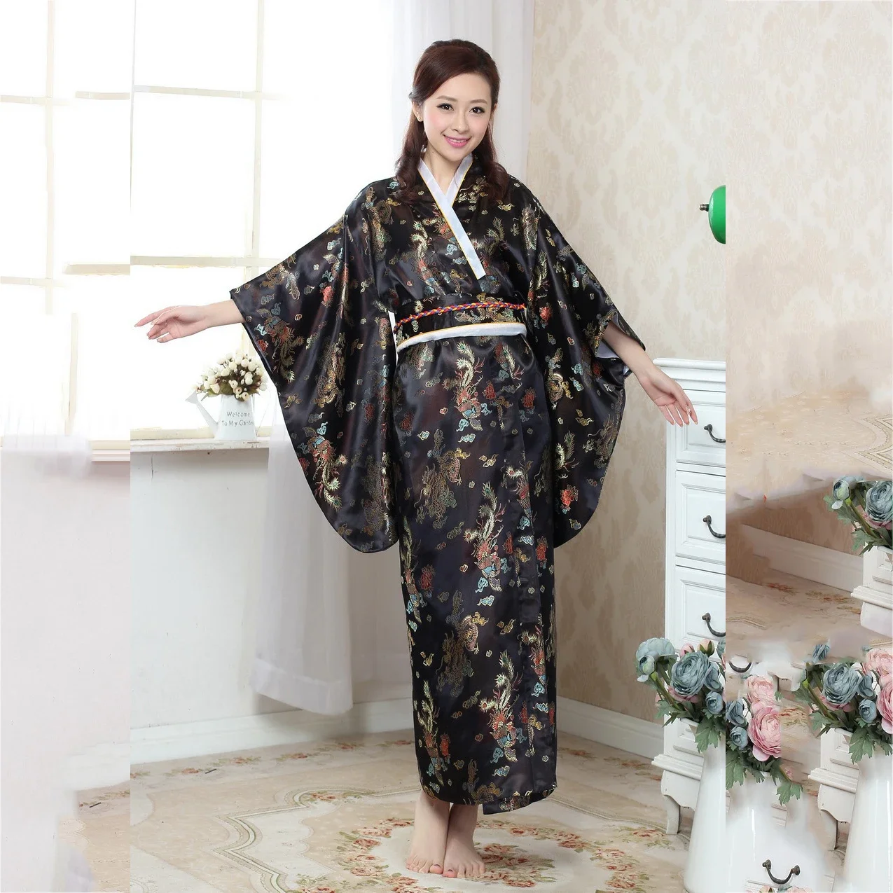 تأثيري حلي التنين فينيكس ثوب الكيمونو الياباني التقليدي خمر المرأة يوكاتا الوطنية زي الجيشا أداء اللباس