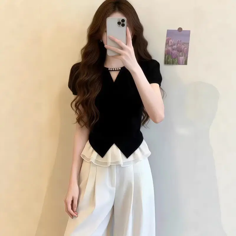 plus Size Irregular V-neck Short Sleeve Shirt Women's Summer New Style Slimming Cover-up Top Comfortable Commuting Style